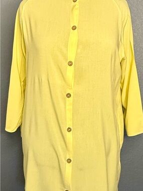 Yellow Tunic Blouse M Button Front Mandarin Collar Long Sleeve
